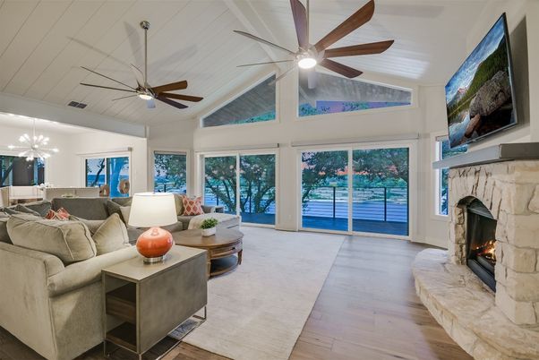 Fireplace, Interior, Living room, Pendant Lights, Wood Texture Flooring