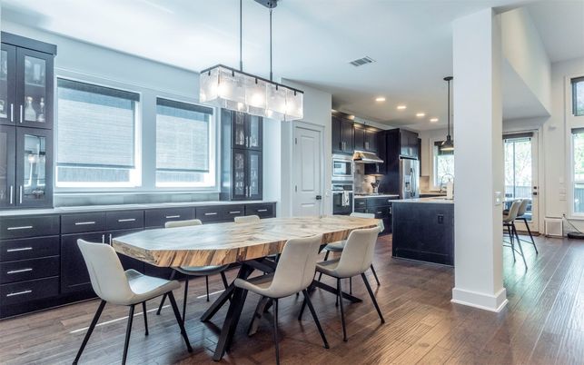 Dining room, Interior, Kitchen, Pendant Lights, Recessed Lighting, Wood Texture Flooring