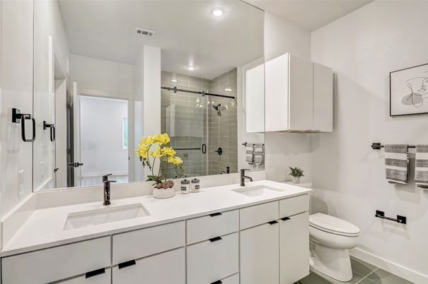 Bathroom, Dual Sink Vanities, Glass Shower, Interior, Recessed Lighting