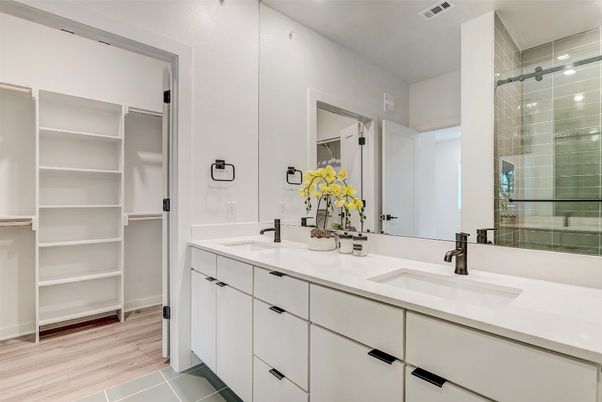 Bathroom, Dual Sink Vanities, Interior, Walk-in Closets, Wood Texture Flooring