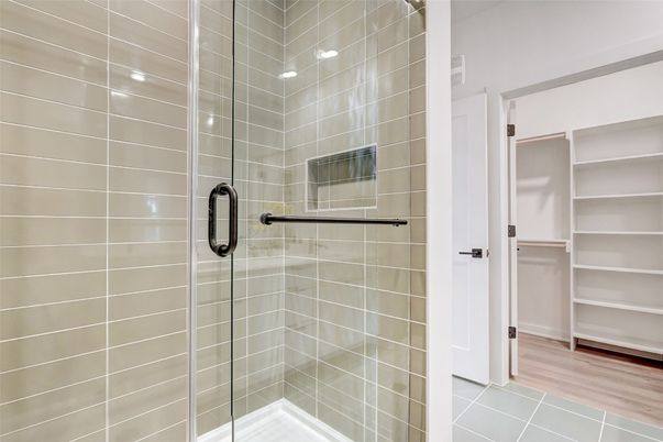 Bathroom, Glass Shower, Interior, Wood Texture Flooring