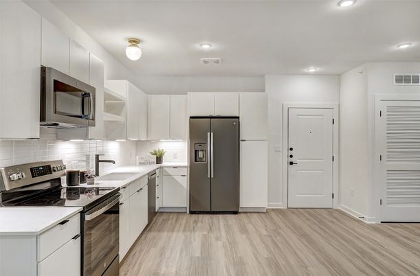 Interior, Kitchen, Recessed Lighting, Stainless Steel Appliances, Wood Texture Flooring