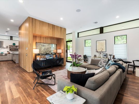 Interior, Kitchen, Living room, Recessed Lighting, Stainless Steel Appliances, Wood Texture Flooring
