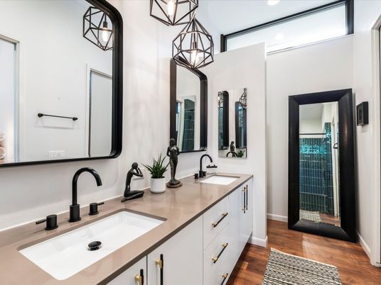 Bathroom, Dual Sink Vanities, Interior, Recessed Lighting, Wood Texture Flooring