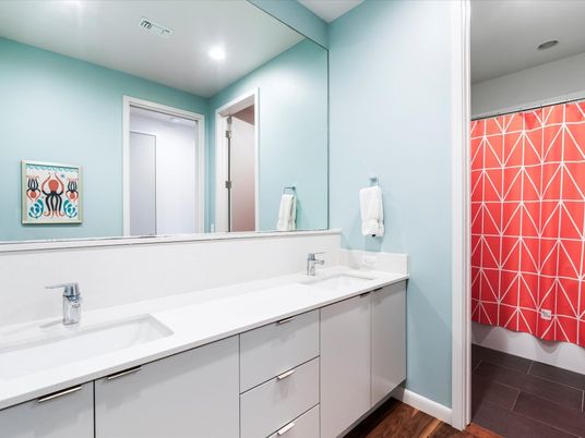 Bathroom, Dual Sink Vanities, Interior, Recessed Lighting, Wood Texture Flooring