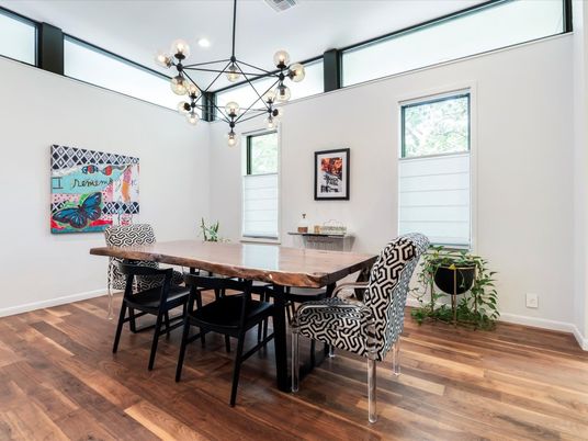 Dining room, Interior, Pendant Lights, Wood Texture Flooring