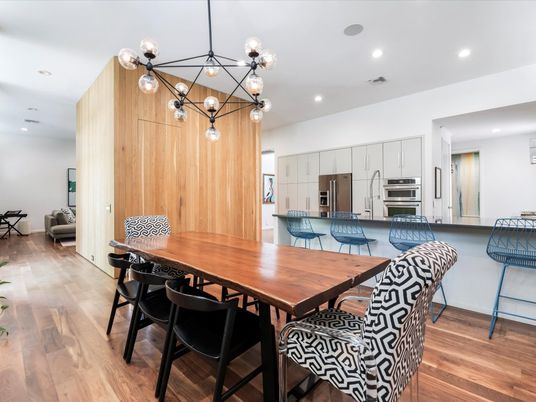 Dining room, Interior, Kitchen, Pendant Lights, Recessed Lighting, Stainless Steel Appliances, Wood Texture Flooring