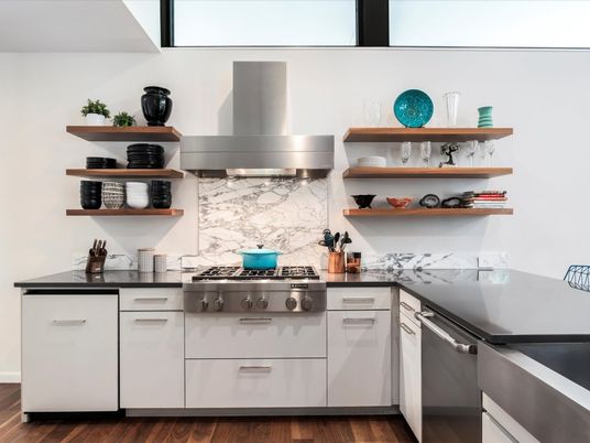 Interior, Kitchen, Marble Walls, Stainless Steel Appliances, Wood Texture Flooring