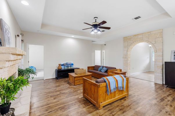 Interior, Living room, Recessed Lighting, Stone Walls, Wood Texture Flooring