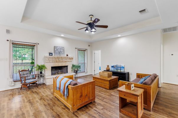 Fireplace, Interior, Living room, Recessed Lighting, Wood Texture Flooring