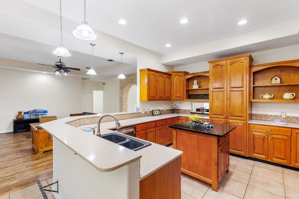 Interior, Kitchen, Pendant Lights, Recessed Lighting, Wood Texture Flooring