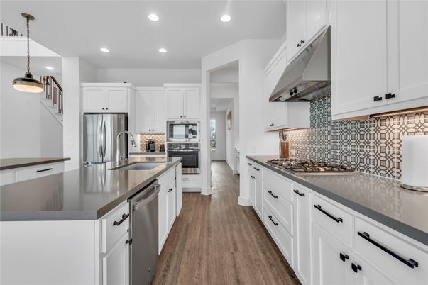 Interior, Kitchen, Pendant Lights, Recessed Lighting, Stainless Steel Appliances, Wood Texture Flooring