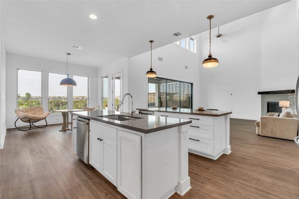 Fireplace, Interior, Kitchen, Pendant Lights, Recessed Lighting, Wood Texture Flooring