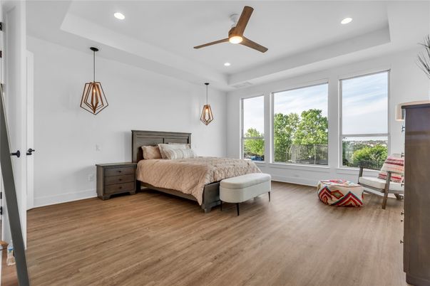 Bedroom, Interior, Pendant Lights, Recessed Lighting, Wood Texture Flooring