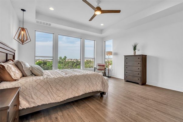 Bedroom, Interior, Pendant Lights, Recessed Lighting, Wood Texture Flooring