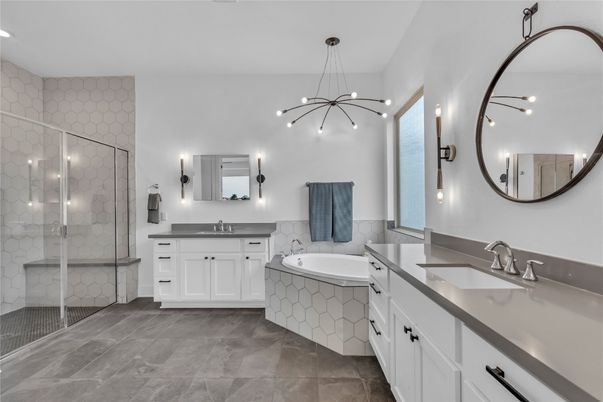 Bathroom, Dual Sink Vanities, Glass Shower, Interior, Pendant Lights