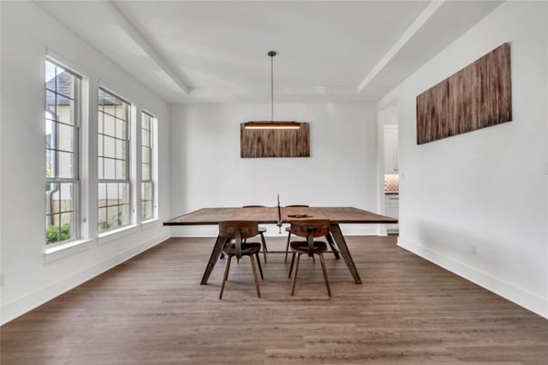 Dining room, Interior, Pendant Lights, Wood Texture Flooring