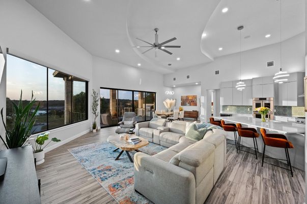 Dining room, Interior, Kitchen, Living room, Pendant Lights, Recessed Lighting, Stainless Steel Appliances, Wood Texture Flooring