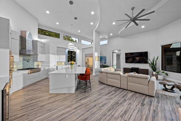 Interior, Kitchen, Living room, Pendant Lights, Recessed Lighting, Stainless Steel Appliances, Wood Texture Flooring
