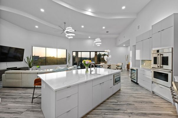 Dining room, Interior, Kitchen, Living room, Pendant Lights, Recessed Lighting, Stainless Steel Appliances, Wood Texture Flooring