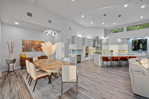 Dining room, Interior, Kitchen, Pendant Lights, Recessed Lighting, Stainless Steel Appliances, Wood Texture Flooring
