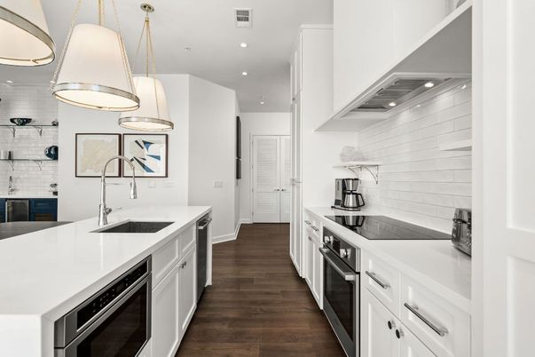 Interior, Kitchen, Pendant Lights, Recessed Lighting, Stainless Steel Appliances, Wood Texture Flooring