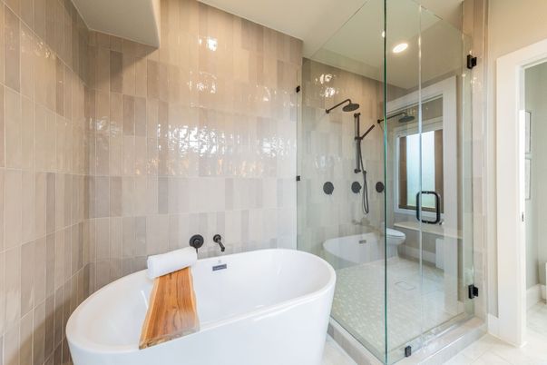 Bathroom, Free Standing Baths, Glass Shower, Interior, Recessed Lighting