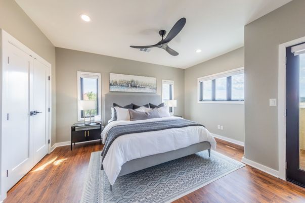 Bedroom, Interior, Recessed Lighting, Wood Texture Flooring