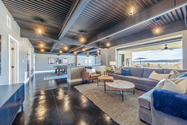 Billiard Table, Dining room, Game Room, Interior, Living room, Pendant Lights, Wood Texture Flooring