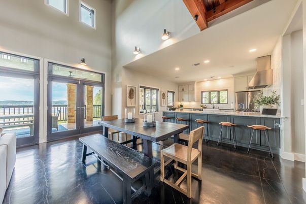 Dining room, Interior, Kitchen, Recessed Lighting, Stainless Steel Appliances, Water, Wooden Beams