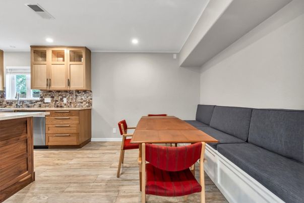 Dining room, Interior, Kitchen, Recessed Lighting, Wood Texture Flooring