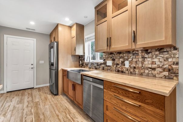 Interior, Kitchen, Recessed Lighting, Stainless Steel Appliances, Wood Texture Flooring
