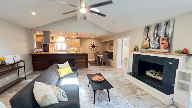 Dining room, Fireplace, Interior, Kitchen, Living room, Pendant Lights, Recessed Lighting, Wood Texture Flooring