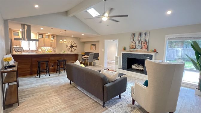 Dining room, Fireplace, Interior, Kitchen, Living room, Pendant Lights, Recessed Lighting, Wood Texture Flooring