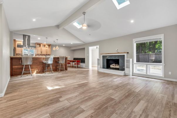Dining room, Fireplace, Interior, Kitchen, Pendant Lights, Recessed Lighting, Wood Texture Flooring