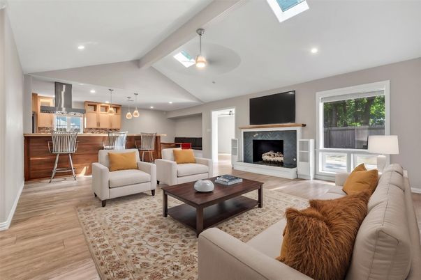 Fireplace, Interior, Kitchen, Living room, Pendant Lights, Recessed Lighting, Wood Texture Flooring