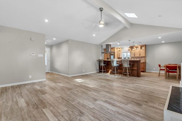 Dining room, Interior, Kitchen, Pendant Lights, Recessed Lighting, Wood Texture Flooring