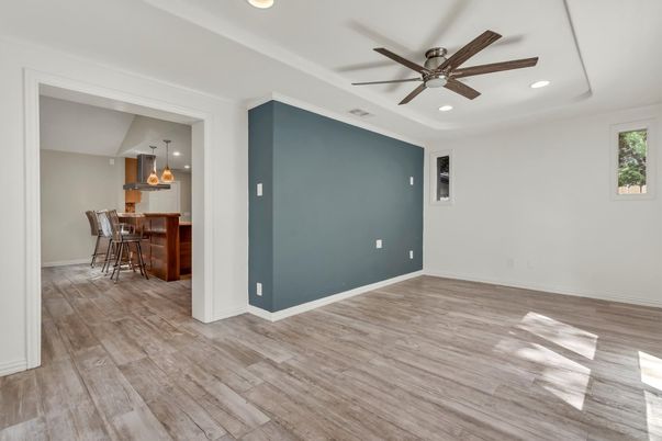 Empty room, Interior, Kitchen, Pendant Lights, Recessed Lighting, Wood Texture Flooring