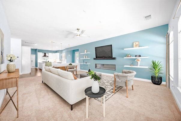 Fireplace, Interior, Kitchen, Living room, Pendant Lights, Recessed Lighting