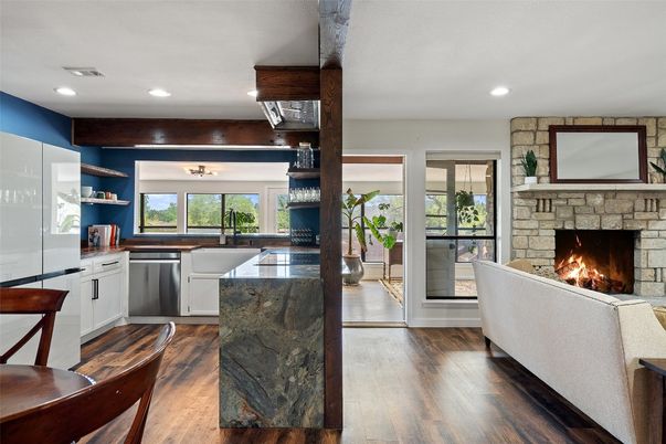 Fireplace, Interior, Kitchen, Recessed Lighting, Stone Walls, Wood Texture Flooring