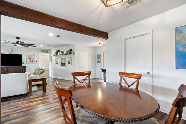 Dining room, Interior, Living room, Recessed Lighting, Wood Texture Flooring