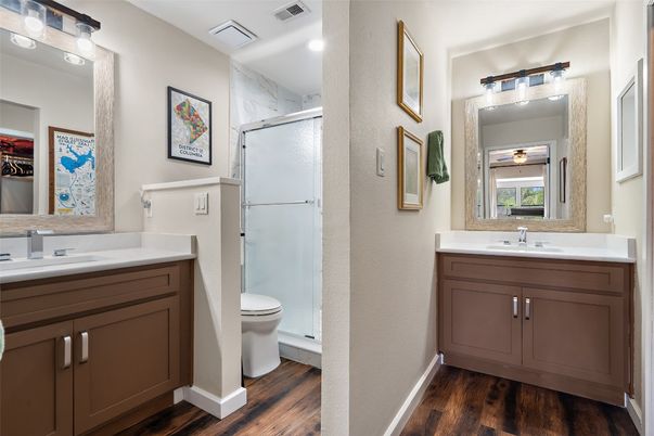 Bathroom, Glass Shower, Interior, Marble Walls, Recessed Lighting, Wood Texture Flooring