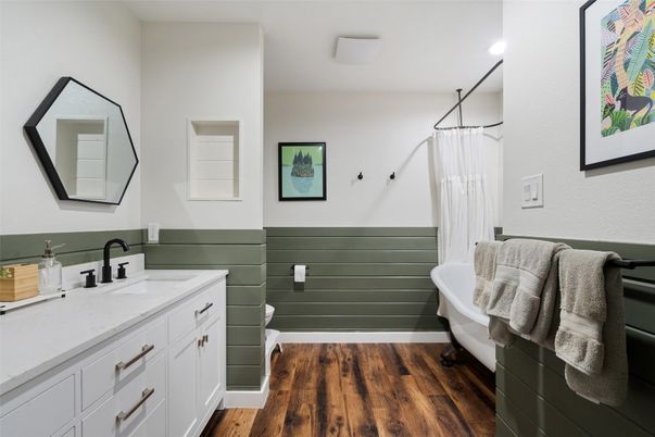 Bathroom, Dual Sink Vanities, Interior, Recessed Lighting, Wood Texture Flooring