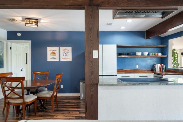 Dining room, Interior, Recessed Lighting, Wood Texture Flooring