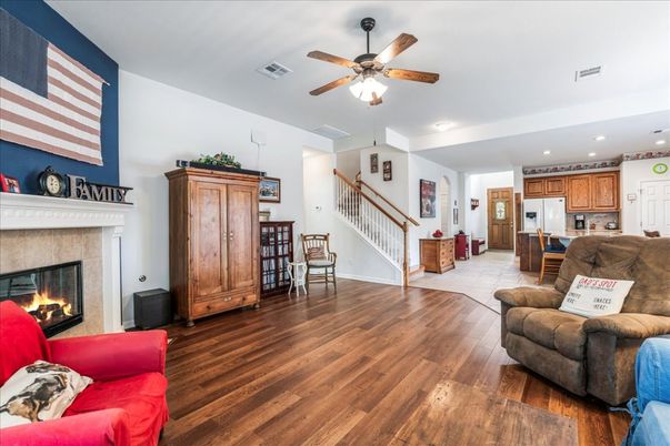 Fireplace, Interior, Kitchen, Living room, Recessed Lighting, Wood Texture Flooring