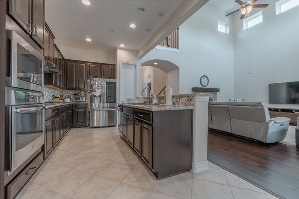 Interior, Kitchen, Living room, Recessed Lighting, Stainless Steel Appliances, Wood Texture Flooring