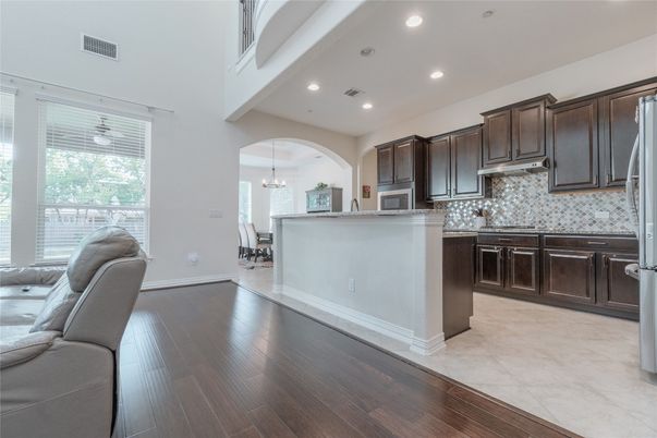 Chandelier, Dining room, Interior, Kitchen, Recessed Lighting, Wood Texture Flooring