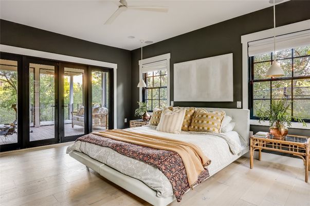 Bedroom, Interior, Pendant Lights, Wood Texture Flooring