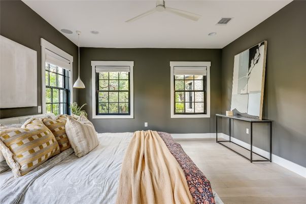 Bedroom, Interior, Pendant Lights, Wood Texture Flooring