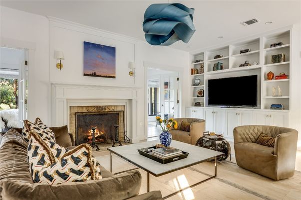 Fireplace, Interior, Living room, Recessed Lighting, Wood Texture Flooring